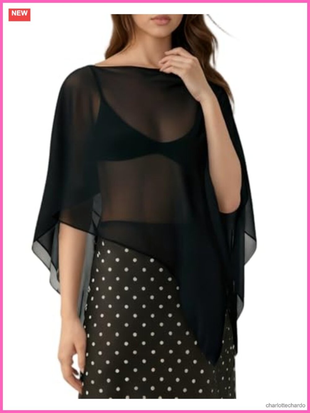 Sheer Chiffon Polka Dot Poncho Off Shoulder Mesh Cape Cover Up Top